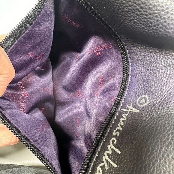 Anuschka Purple Black Floral Hand Painted Leather Crossbody Bag + Card Holder - Picture 13 of 15